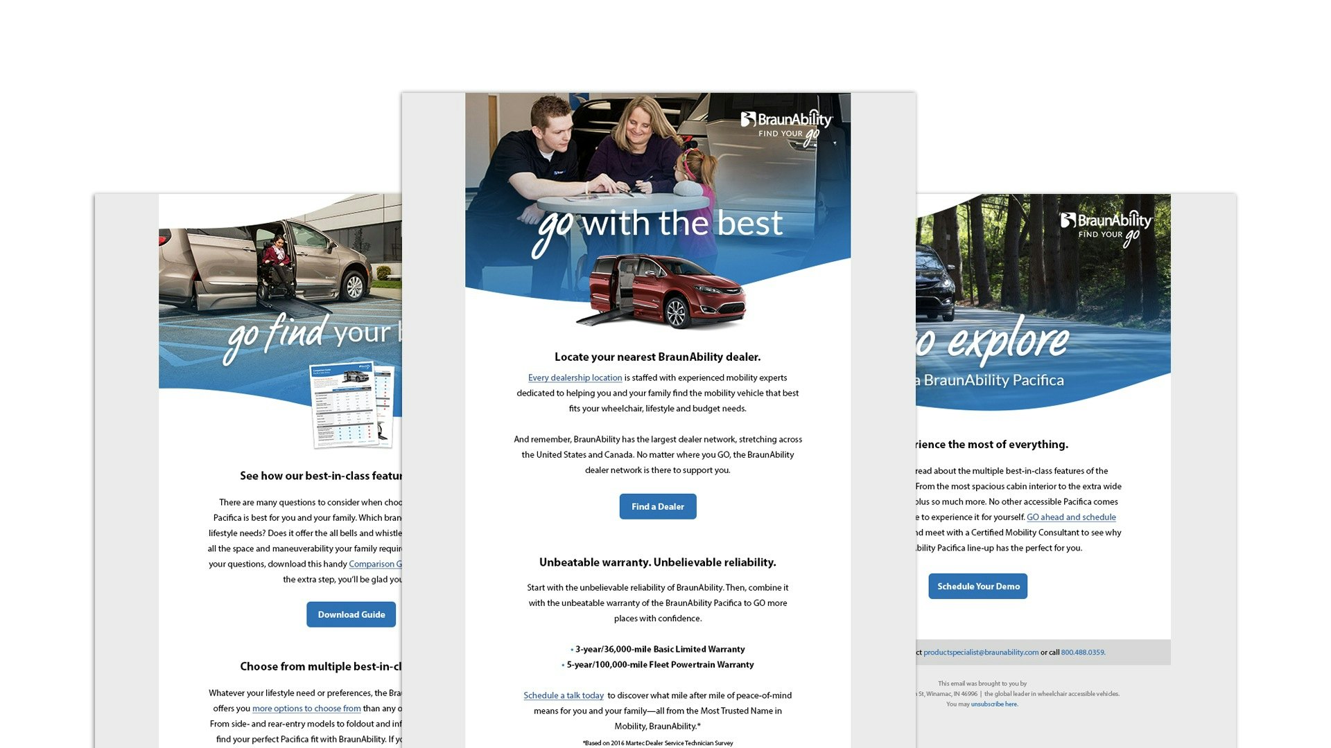 three braunability emails promoting find your go