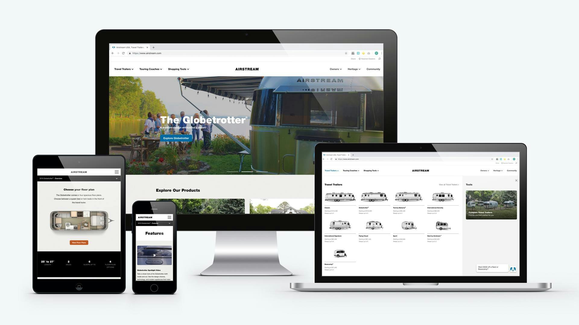 airstream website on desktop, laptop, ipad, and mobile