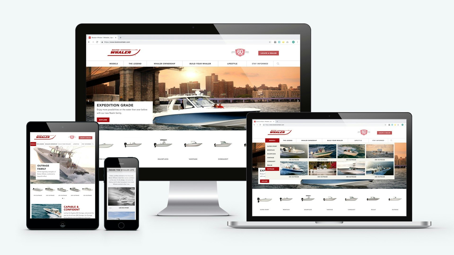 boston whaler website redesign on desktop, laptop, ipad, and iphone screens
